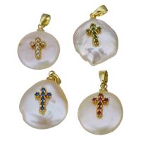 Cultured Freshwater Pearl Brass Pendant, with Freshwater Pearl, Cross, gold color plated, fashion jewelry & micro pave cubic zirconia, 14.5-15.5x19.5-20x9-10mm Approx 