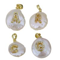 Cultured Freshwater Pearl Brass Pendant, with Freshwater Pearl, gold color plated, fashion jewelry & letters are from A to Z & micro pave cubic zirconia, 14-15.5x20-21.5x9-10mm Approx 