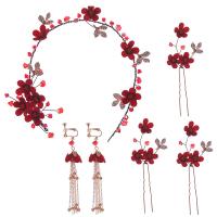 Zinc Alloy Wedding Set, Hair Band & hair pin & earring, with Cloth, gold color plated, for woman & with rhinestone, red, 370mm,130mm,100mm 