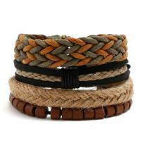 Linen Bracelet Set, with Faux Leather & Waxed Cotton Cord & Wood, Adjustable & three pieces & Unisex, 180mm 