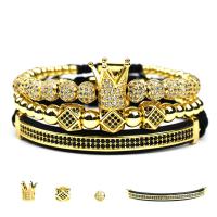 Laiton de bracelets de Woven Ball, avec corde en nylon, Placage de couleur d'or, trois pièces & unisexe & réglable & pavé de micro zircon, 6mm Environ 6.3-9 pouce, Vendu par fixé