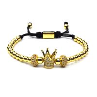 Brass Woven Ball Bracelets, with Nylon Cord, Crown, plated, Unisex & adjustable & micro pave cubic zirconia Approx 6.3-9 Inch 