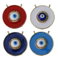 Brass Pendant, Flat Round, gold color plated, evil eye pattern & micro pave cubic zirconia & enamel & double-hole Approx 2mm 