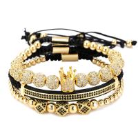 Brass Woven Ball Bracelets, with Nylon Cord, Crown, plated, three pieces & adjustable & micro pave cubic zirconia & for woman 5mm,7mm Approx 5.9-9.8 Inch 