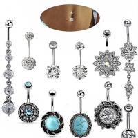 Stainless Steel Belly Ring, 316L Stainless Steel, with Cubic Zirconia, Flower, for woman & with rhinestone, 5MMx 