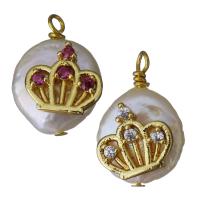 Cultured Freshwater Pearl Brass Pendant, with Freshwater Pearl, gold color plated & with cubic zirconia, 12-12.5x17-19x7-9.5mm Approx 2mm 