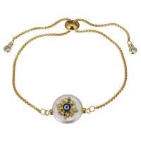 acier inoxydable bracelet, avec perle d'eau douce cultivée, Placage de couleur d'or, Réglable & motif de mauvais œil & chaîne de boîte & pavé de micro zircon & pour femme 1.5mm Environ 6-9 pouce, Vendu par brin