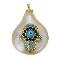 Cultured Freshwater Pearl Brass Pendant, with Freshwater Pearl, Hamsa, gold color plated, fashion jewelry & evil eye pattern & micro pave cubic zirconia Approx 1.5mm 