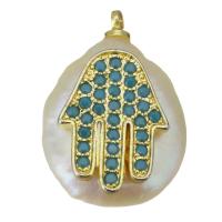 Cultured Freshwater Pearl Brass Pendant, with Freshwater Pearl, Hamsa, gold color plated, fashion jewelry & micro pave cubic zirconia Approx 1.5mm 