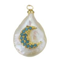 Cultured Freshwater Pearl Brass Pendant, with Freshwater Pearl, Moon, gold color plated, fashion jewelry & micro pave cubic zirconia Approx 1.5mm 