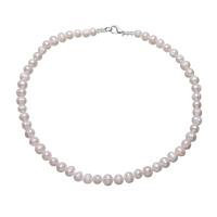 Freshwater Pearl Brass Necklace, with Glass Beads, brass lobster clasp, Potato, platinum color plated, for woman, white, 7-9mm Approx 17.6 Inch 