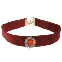 Zinc Alloy Choker Necklace, with Velveteen & Glass, with 7cm extender chain, gold color plated, for woman & with rhinestone, red Approx 12.21 Inch 