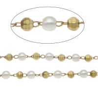 Messing Kette, mit ABS-Kunststoff-Perlen, rund, goldfarben plattiert, weiß, 3.5*3mm,3*2.5mm,3*2*0.5mm, 100m/Menge, verkauft von Menge