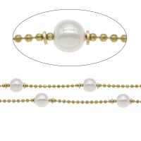 Messing Kette, mit ABS-Kunststoff-Perlen, goldfarben plattiert, weiß, 5*4.5mm,1.5mm, 100m/Menge, verkauft von Menge