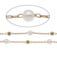 Messing Kette, mit ABS-Kunststoff-Perlen, rund, goldfarben plattiert, weiß, 4.5*4mm,3*1.5*0.5mm,3mm, 100m/Menge, verkauft von Menge