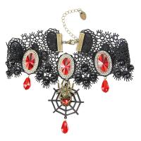 Lace Choker Necklace, with Crystal & Resin Rhinestone & Zinc Alloy, antique bronze color plated, for woman & hollow, black and red Approx 14.6 Inch 