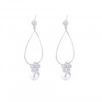 Brass Drop Earring, with Plastic Pearl, Flower, silver color plated, for woman & with cubic zirconia, nickel, lead & cadmium free, 47*16mm 