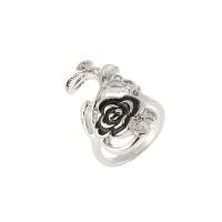 Enamel Zinc Alloy Finger Ring, Flower, silver color plated & for woman, black 