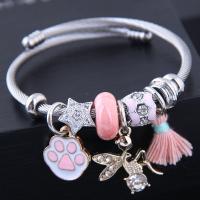 Zinc Alloy European Bracelets, with Cotton Thread & Lampwork & Stainless Steel, silver color plated, for woman & enamel & with rhinestone Inner Approx 55mm 
