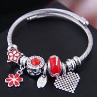 Zinc Alloy European Bracelets, with Lampwork & Stainless Steel, silver color plated, for woman & enamel & with rhinestone Inner Approx 55mm 
