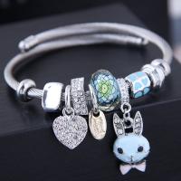 Zinc Alloy European Bracelets, with Lampwork & Stainless Steel, silver color plated, for woman & enamel & with rhinestone Inner Approx 55mm 