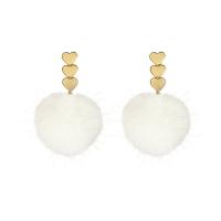 Zinc Alloy Drop Earring, with Plush, sterling silver post pin, Heart, gold color plated, with fluffy ball & Korean style & for woman 