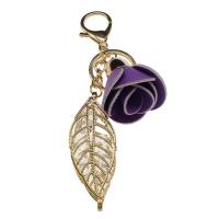 Aluminum Key Chain, with PU Leather & Plastic, Leaf, gold color plated, vintage & fashion jewelry & hollow, purple 