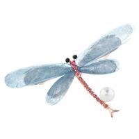 Zinc Alloy Brooch, with Resin & Plastic Pearl, Dragonfly, gold color plated, Unisex & with rhinestone, blue, 37*73mm 