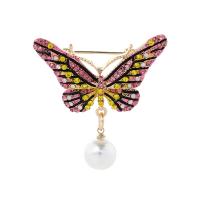 Zinc Alloy Brooch, with Plastic Pearl, Butterfly, gold color plated, Unisex & enamel & with rhinestone 43*42mm 