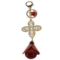 Aluminum Key Chain, with PU Leather, Flower, gold color plated, vintage & fashion jewelry & with rhinestone, red 