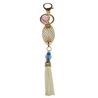 Aluminum Key Chain, with PU Leather & Plastic, Tassel, gold color plated, vintage & fashion jewelry & hollow, white 
