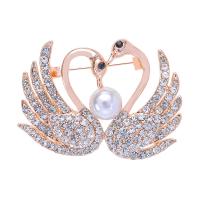 Zinc Alloy Brooch, with Plastic Pearl, Swan, rose gold color plated, for woman & with rhinestone, 60*43mm 