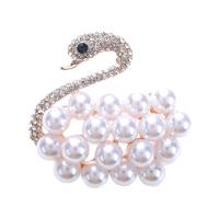 Zinc Alloy Brooch, with Plastic Pearl, Swan, rose gold color plated, for woman & with rhinestone, 40*38mm 