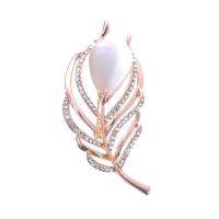 Zinc Alloy Brooch, with Plastic Pearl, Leaf, rose gold color plated, for woman & with rhinestone, 73*38mm 