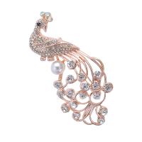 Zinc Alloy Brooch, with Plastic Pearl, Peacock, rose gold color plated, for woman & with rhinestone, 68*35mm 