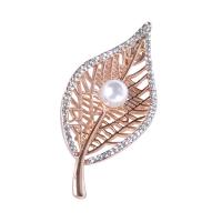 Zinc Alloy Brooch, with Plastic Pearl, Leaf, rose gold color plated, Unisex & with rhinestone & hollow, 26*58mm 