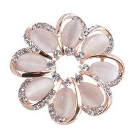 Zinc Alloy Brooch, with Cats Eye, Flower, rose gold color plated, for woman & with rhinestone, 52*52mm 