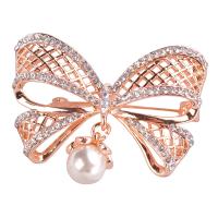 Zinc Alloy Brooch, with Plastic Pearl, Bowknot, rose gold color plated, for woman & with rhinestone, 49mm 