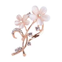 Zinc Alloy Brooch, with Cats Eye, Flower, rose gold color plated, for woman & with rhinestone, 64*34mm 