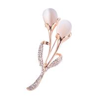 Zinc Alloy Brooch, with Cats Eye, Flower, rose gold color plated, for woman & with rhinestone, 74*32mm 