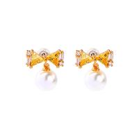 Brass Stud Earring, with Cubic Zirconia & Glass Pearl, Bowknot, gold color plated, cute & fashion jewelry & for woman, 15mm 