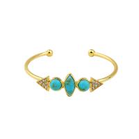 Brass Cuff Bangle, with Synthetic Turquoise, gold color plated, for woman & with rhinestone, 67mm 