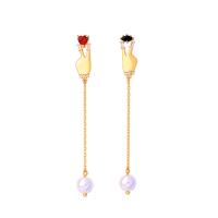 Brass Asymmetric Earrings, with Cubic Zirconia & Plastic Pearl, Hand, gold color plated, for woman, 78mm 