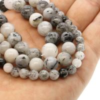 Schwarzer Rutilquarz Perle, rund, verschiedene Größen vorhanden, weiß und schwarz, Grade A, Bohrung:ca. 1mm, Länge:ca. 14.9 ZollInch, verkauft von Strang