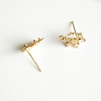 Brass Stud Earring, brass post pin, Snowflake, gold color plated, DIY & micro pave cubic zirconia, metallic color plated 