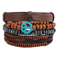 PU Leather Cord Bracelet, with Wood, Peace Logo, 4 pieces & Unisex & adjustable Approx 7.5 Inch 