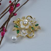 Brass Brooch, with Cubic Zirconia & Plastic Pearl, Flower, gold color plated, fashion jewelry & for woman & enamel, 57*40mm 