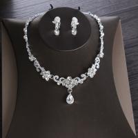 Wedding Jewelry Set, Zinc Alloy, earring & necklace, with 5cm extender chain, silver color plated, 2 pieces & for woman & with rhinestone, white Approx 17.72 Inch 