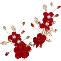 Bridal Hair Flowers, Zinc Alloy, with ABS Plastic Pearl & Cloth, gold color plated, Korean style & for woman, red, 150mm,70-100mm 