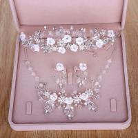 Wedding Jewelry Set, Zinc Alloy, crown & earring & necklace, with Polymer Clay, with 7cm extender chain, silver color plated, for woman & with rhinestone, white  Approx 17.33 Inch 